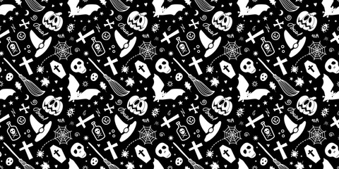 Halloween traditional spooky items isolated on black background.