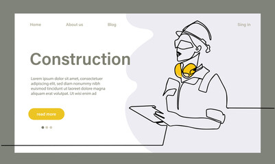 Landing page of architecture works with protective face masks for safety in machine industrial factory. Continuous one line drawing for your minimal design