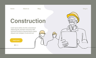 Landing page of architecture works with protective face masks for safety in machine industrial factory. Continuous one line drawing for your minimal design