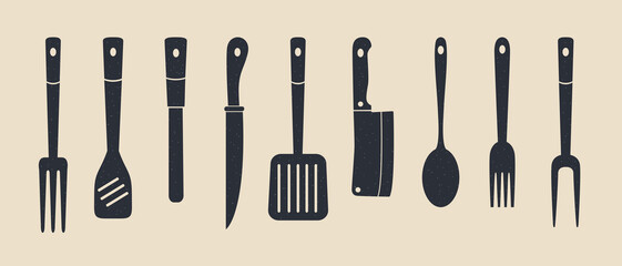 Collection of butcher and bbq supplies. Meat knives, grill fork, spatula. Kitchen tools. Vector illustration