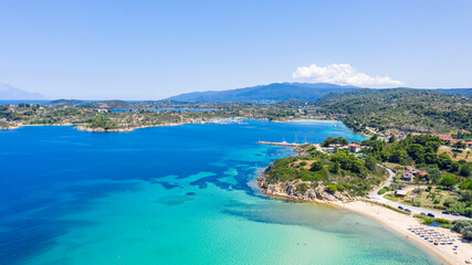 Aerial view of the idyllic seascape on the Sithonia peninsula in Halkidiki.