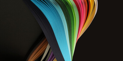  Rainbow color strip wave paper on black. Abstract texture horizontal background.