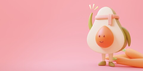 3D illustration wallpaper of exercise avocado boy, the character design of healthy food and mini carrots, pointing his finger to empty copy space for advertising and text layout design. Minimal style.