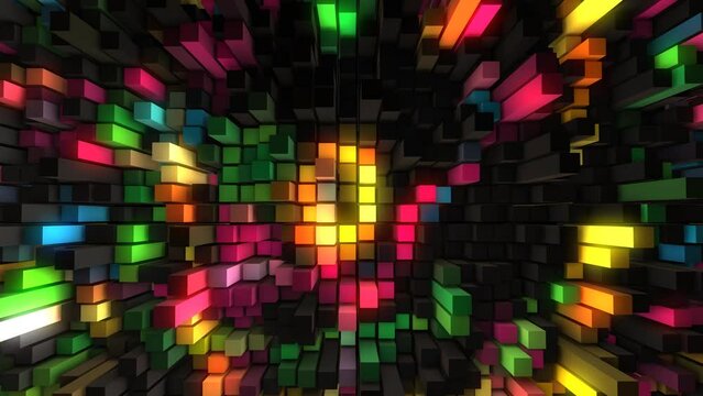 Animated neon rainbow background for the logo. 3d rendering. Randomly moving surface of rectangles with illumination. Minecraft. Screensaver for games, presentations, business, intro. 4k