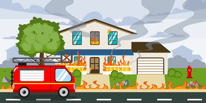 Vector illustration of natural disaster. Cartoon landscape with burning house and grass, hydrant, fire truck.