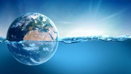 Planet earth submerged and floating in water. Concept 3D illustration of global warming and rising sea level in climate change due to man-made carbon emissions. Blue ocean Background and sinking globe