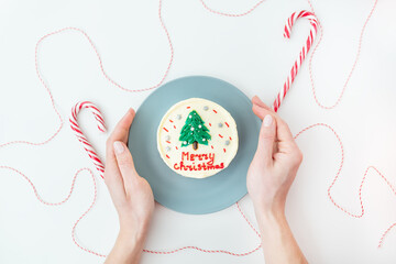A girl holds a plate with a Christmas cake with the inscription Merry Christmas, decorated with icing, on a white background with lollipops and a red thread for gifts.
