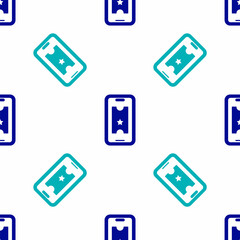 Blue Buy cinema ticket online icon isolated seamless pattern on white background. Service Concept. Vector