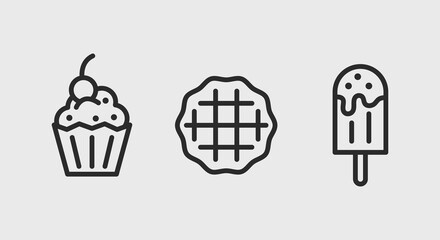 Sweets icons. Ice cream, cupcake, waffle minimal icons. Design signs for cafe, restaurant menu, web page, mobile app, logo, banner, packaging design. Vector illustration