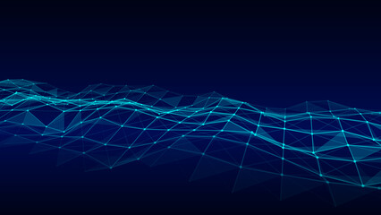 Futuristic moving wave. Digital background with moving glowing particles and lines. Big data visualization. Vector illustration.