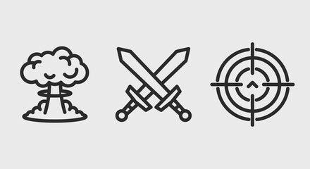 War icons. Nuke explosion, crossed swords, snipers aim icons isolated on grey background. Icons for web design, app interface. Vector illustration