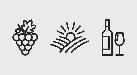 Wine icons. Cluster of grapes, sunset, wine bottle and glass icons isolated on grey background.  Icons for web design, app interface. Vector illustration