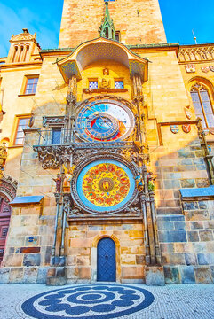 The richly decorated Prague Orloj astronomical clock of Old Town Hall, Prague, Czech Republic