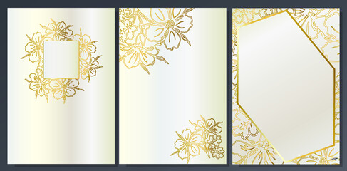 Golden and platinum luxury background. Golden flower drawn in intricate line art. Floral pattern for invitations, wedding, elegant cover.