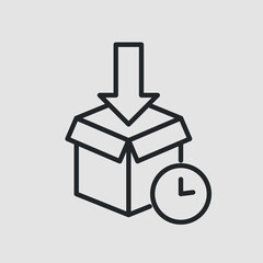 Packing icon. Opened box with down vertical arrow and time indicator for e-commerce and global distribution. Vector illustration