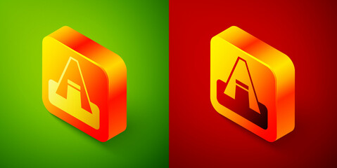 Isometric Tourist tent icon isolated on green and red background. Camping symbol. Square button. Vector