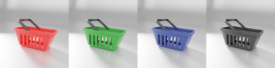 Four grocery baskets in different colors. Plastic shopping basket (red, blue, green, black). 3d rendering