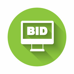 White Online auction icon isolated with long shadow background. Bid sign. Auction bidding. Sale and buyers. Green circle button. Vector