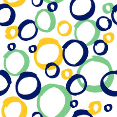 Prints colors of Brazil, green, yellow and blue circles. Seamless pattern. Carnival celebration, confetti. National party, football and samba. Freehand illustration. Cup vector.