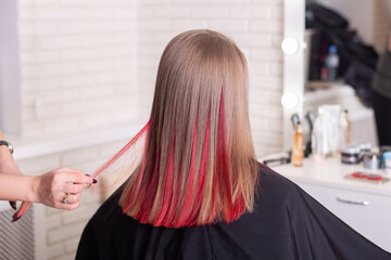 Female back with brunette hair and creative red strands in hairdressing salon
