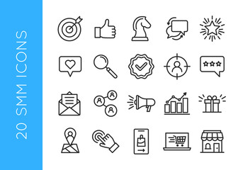 SMM icons. Set of 20 trendy minimal icons for social media marketing. Like button, speech bubbles, push buttons, notification icons. Vector illustration