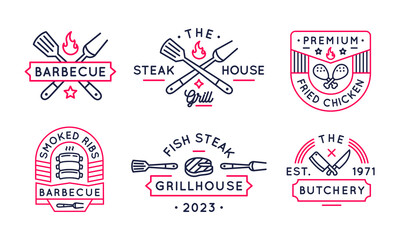 Set of BBQ logos. 6 trendy logos for grill and steak houses, restaurants, and butcheries. Icons with smoked ribs, crossed chicken legs knives, spatula and grill fork. Vector illustration