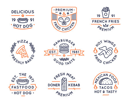 Fast food logos, labels, icons. Collection of 9 fast food logotypes designed for food establishments. Pizza, fried chicken, hot dog, kebab, burgers, kebab and tacos logos. Vector illustration. 