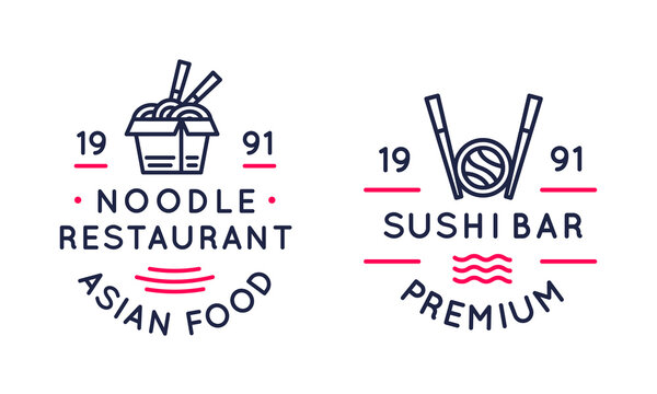 Logos of Asian food. Trendy logo for Asian noodle restaurants and sushi bars. Icons with chopsticks, sushi roll and box with noodles. Vector illustration