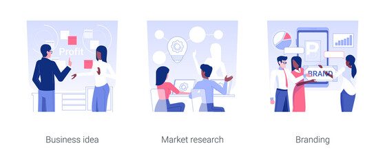 Startup launch isolated concept vector illustration set. Business idea, market research, create brand and trademark, startup investment strategy and funding, analyzing competitors vector cartoon.