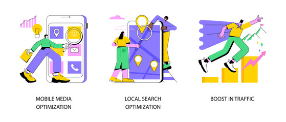 Fototapeta premium SEO strategy abstract concept vector illustration set. Mobile media optimization, local search, boost in traffic, search engine targeting, business digital promotion, visitor growth abstract metaphor.