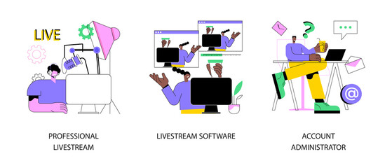 Online live event abstract concept vector illustration set. Professional livestream, software and account administrator, broadcasting service, stream manager, go live in real-time abstract metaphor.