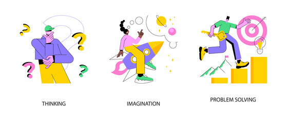 Fototapeta premium Brain activity abstract concept vector illustration set. Thinking and imagination, problem solving, brainstorming, idea and fantasy, motivation and inspiration, find solution abstract metaphor.