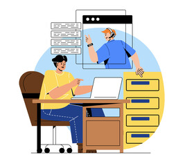 Online communication and support service. Guy with laptop talking to hotline operator. Call center employee in headphones solves user problems and answers questions. Cartoon flat vector illustration