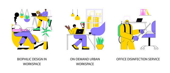 Working conditions abstract concept vector illustration set. Biophilic design in workspace, on-demand urban workplace, office disinfection service, employee safety, nature abstract metaphor.