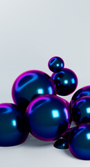 3d rendering illustration of flying metallic balls. Minimalistic vertical trendy composition.