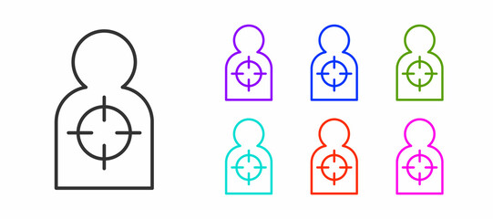Fototapeta premium Black line Human target sport for shooting icon isolated on white background. Clean target with numbers for shooting range or shooting. Set icons colorful. Vector