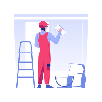 Wall preparation isolated concept vector illustration. Contractor wearing uniform with trowel leveling the walls, construction company service, interior works, house building vector concept.