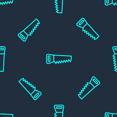 Green line Hand saw icon isolated seamless pattern on blue background. Vector