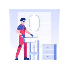 Sinks and toilets installation isolated concept vector illustration. Plumber installs a sink in a new apartment, rough interior works, private house building service vector concept.