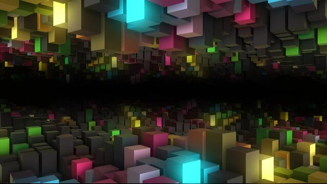 Animated neon rainbow background logo frame. 3d rendering. Randomly moving surface of rectangles with illumination. Minecraft. Screensaver for games, presentations, business, intro. 4k