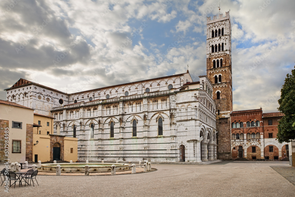 Sticker Lucca, Tuscany, Italy: the medieval Roman Catholic cathedral of Saint Martin of Tours, masterpiece of art and architecture in the old town of the ancient Tuscan city