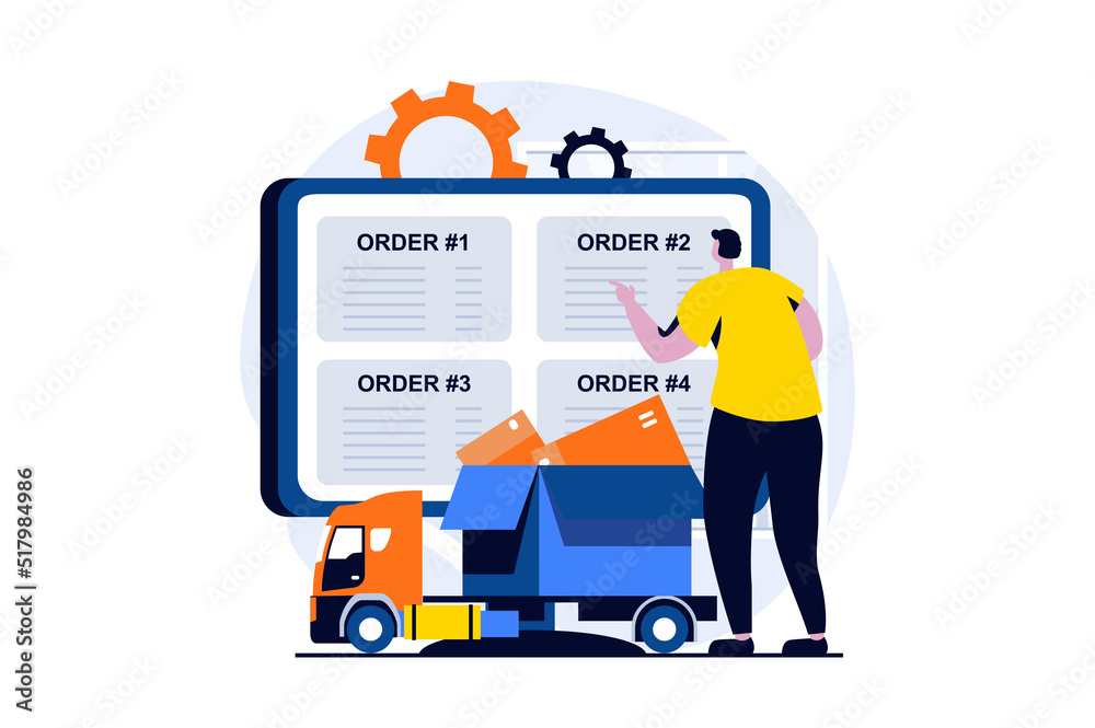 Poster delivery service concept with people scene in flat cartoon design. man works in logistics center of 