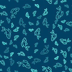 Green line Fish icon isolated seamless pattern on blue background. Vector