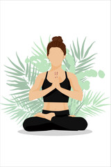 Obraz premium The girl sits in a lotus position with a floral abstract background. Beautiful poster with yogini. Vector illustration