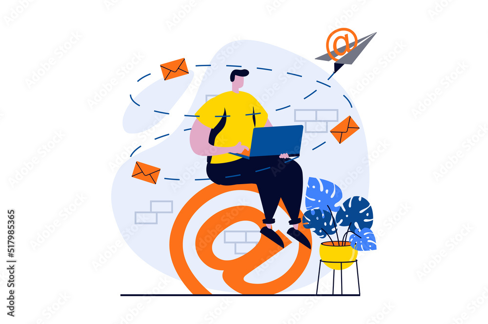 Poster email service concept with people scene in flat cartoon design. man sends promo letters and personal