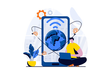 Email service concept with people scene in flat cartoon design. Man sends and receives letters with contacts, conducts online correspondence on mobile phone. Vector illustration visual story for web