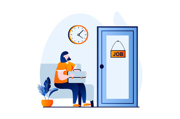 Employee hiring process concept with people scene in flat cartoon design. Woman applicant for new open vacancy sits and waits for interview with HR manager. Vector illustration visual story for web