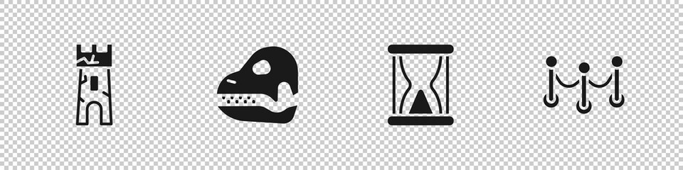 Set Castle tower, Dinosaur skull, Old hourglass with sand and Rope barrier icon. Vector