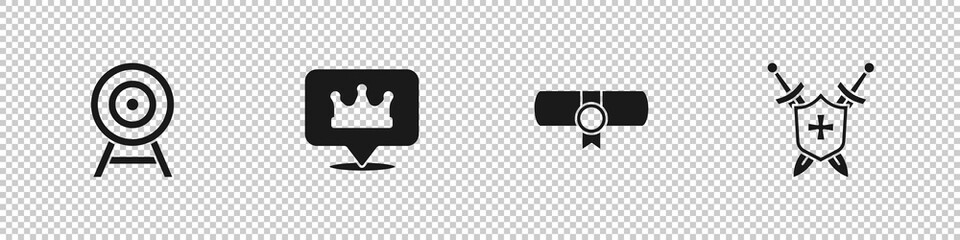 Set Target with arrow, Location king crown, Decree, parchment, scroll and Medieval shield swords icon. Vector