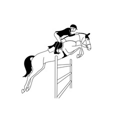 Black and white illustration of a show jumping athlete and a horse overcoming an obstacle